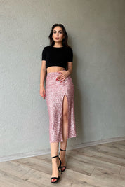 Pudra Pullu Fermuarlı Yırtmaç Detaylı Midi Etek SY-1327-Pudra