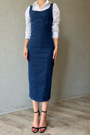 Koyu Mavi Arkadan Yırtmaç Detaylı Denim Kalem Elbise SY-1273-Koyu Mavi