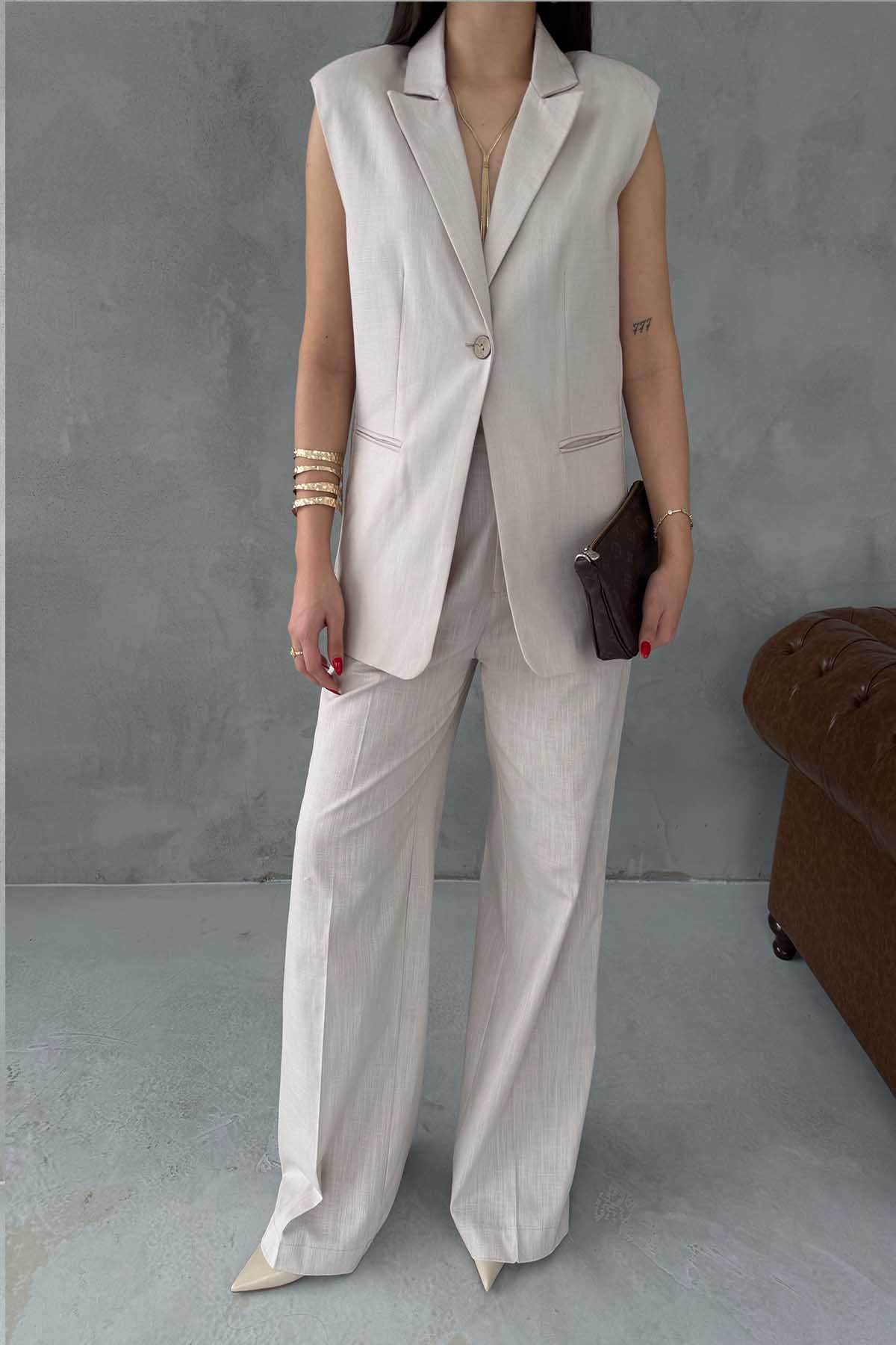 Woman's Taş Keten Yelek Ve Pantolon Takım SY-3061-Taş