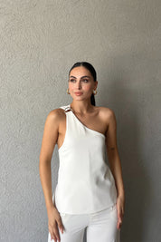 Ekru Aparat Detaylı Tek Omuz Bağlamalı Asimetrik Yelek SY-2341-Ekru