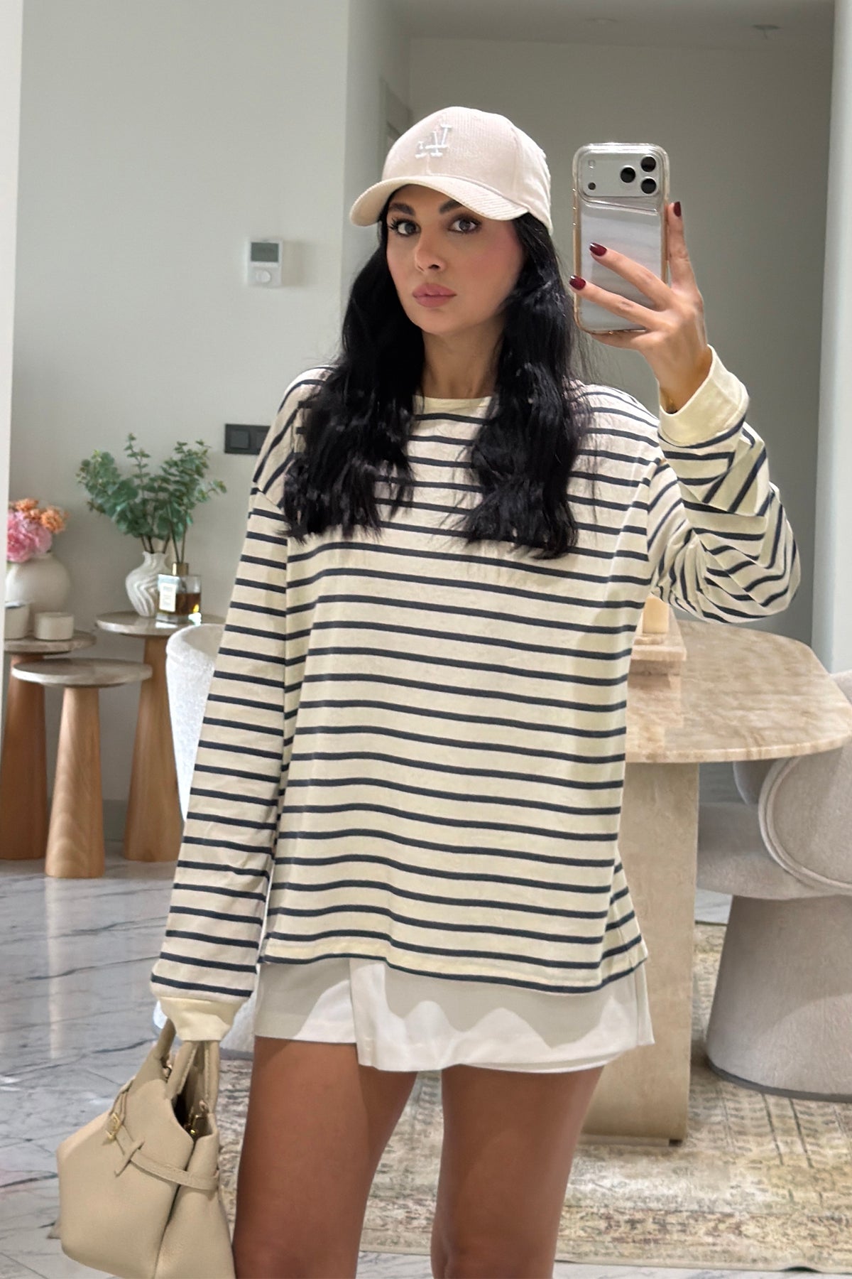Krem Çizgili Uzun Kollu Oversize Tişört SY-3883-Krem