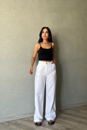 Beyaz Ham Keten Bol Paça Palazzo Pantolon SY-2238-Beyaz