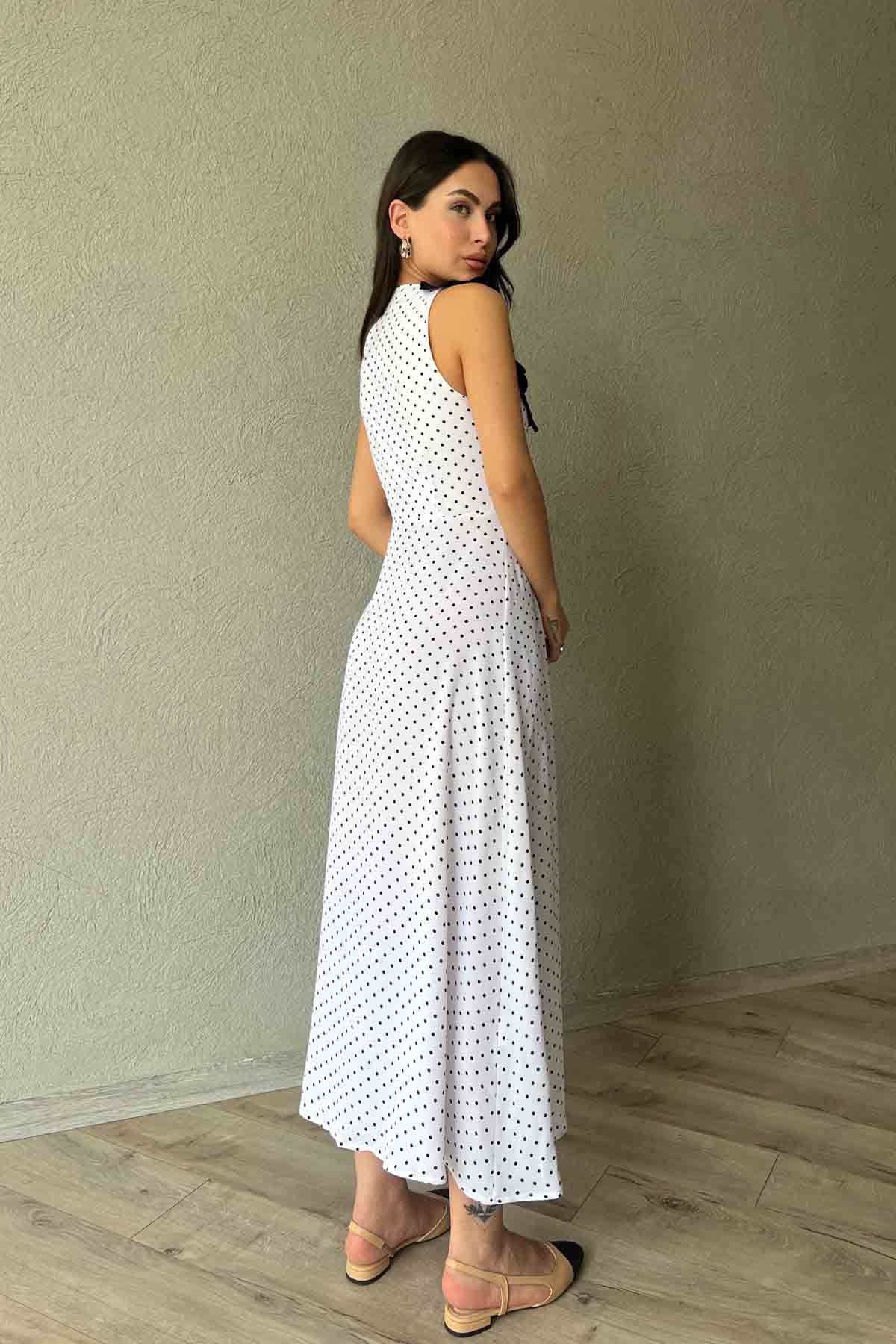 Beyaz Dantel Yaka Puantiyeli Tasarım Elbise SY-0638-Beyaz