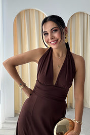 Sera Boyun Bağlamalı Sırt Dekolteli Yırtmaçlı Kahve Elbise SY-3221-Kahve