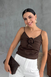 SYA Gül Detay Kahve Crop SY-3212-Kahve