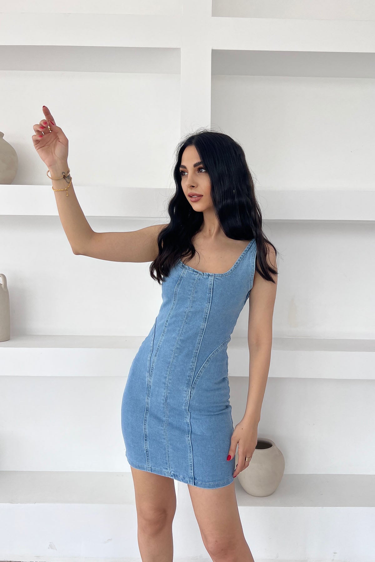 Açık Mavi Askılı Mini Denim Elbise SY-0561-Açık Mavi