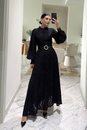 Murhpy Altın Tokalı Kemer Detaylı Jakarlı Elbise SY-2935-Siyah