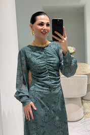 Yeşil Önü Büzgü Detaylı Elbise SY-3628-Yeşil