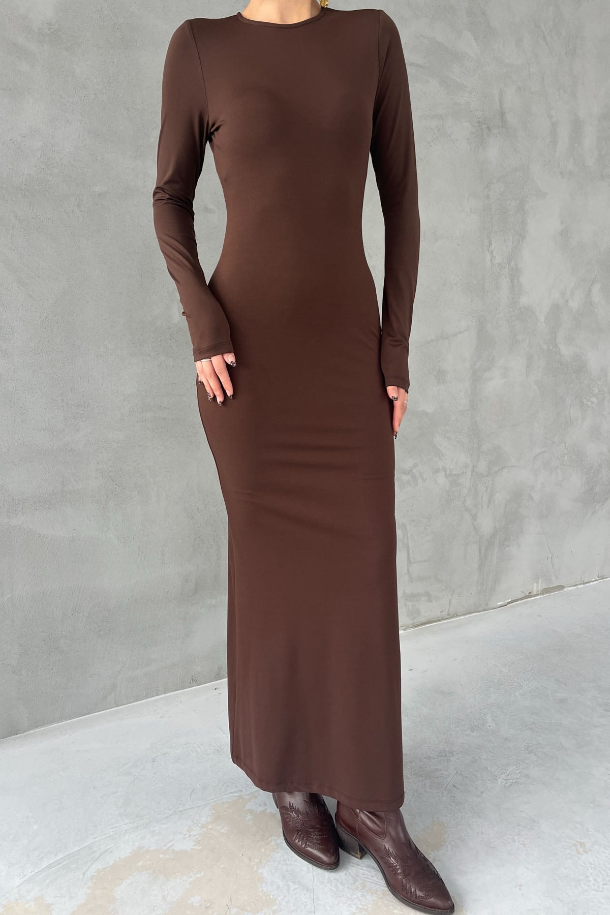 Kahverengi Lyon Uzun Kollu Elbise SY-2757-Kahverengi