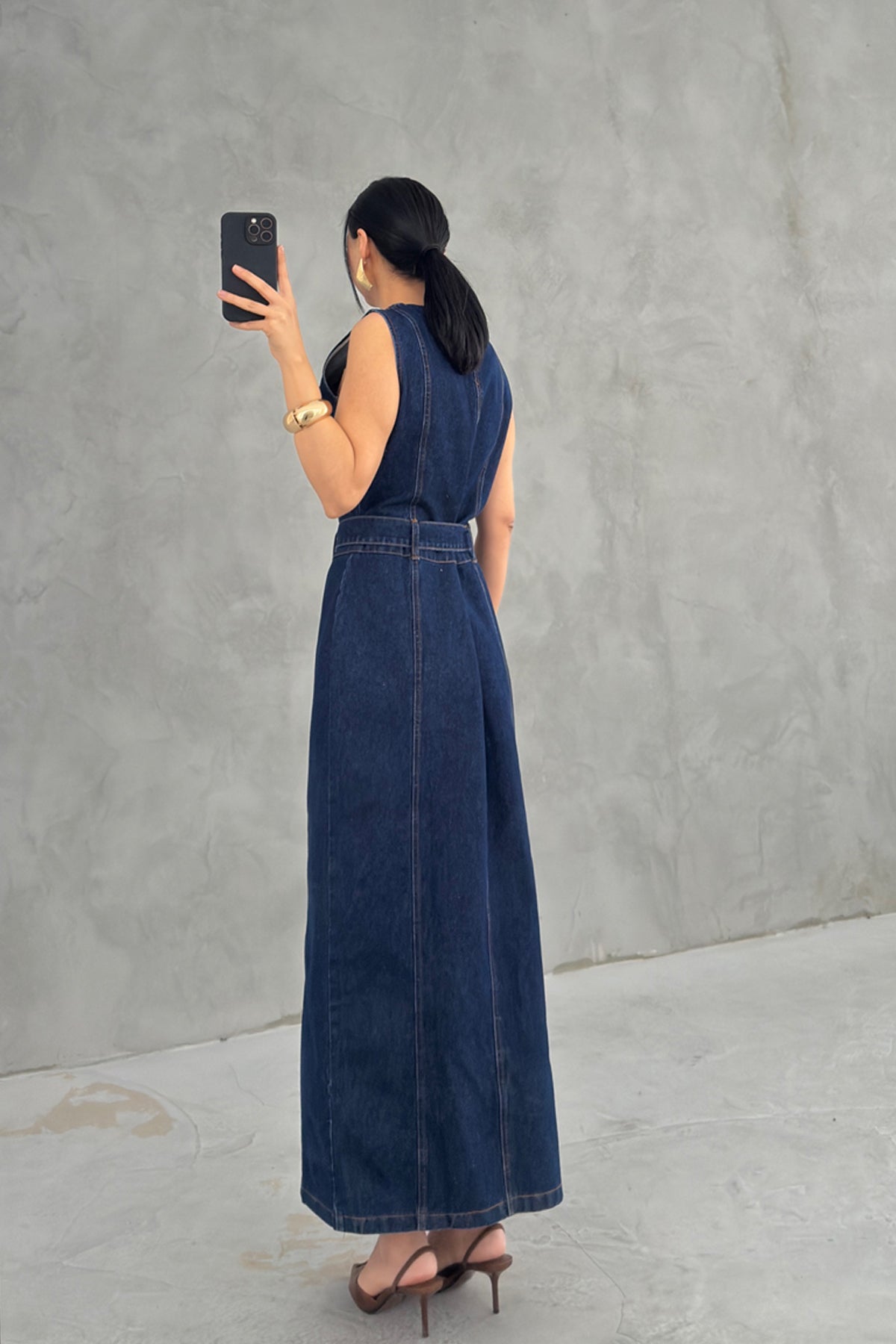 Gol Düğmeli Sıfır Kol Denim Elbise SY-3638-Mavi