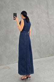 Gol Düğmeli Sıfır Kol Denim Elbise SY-3638-Mavi