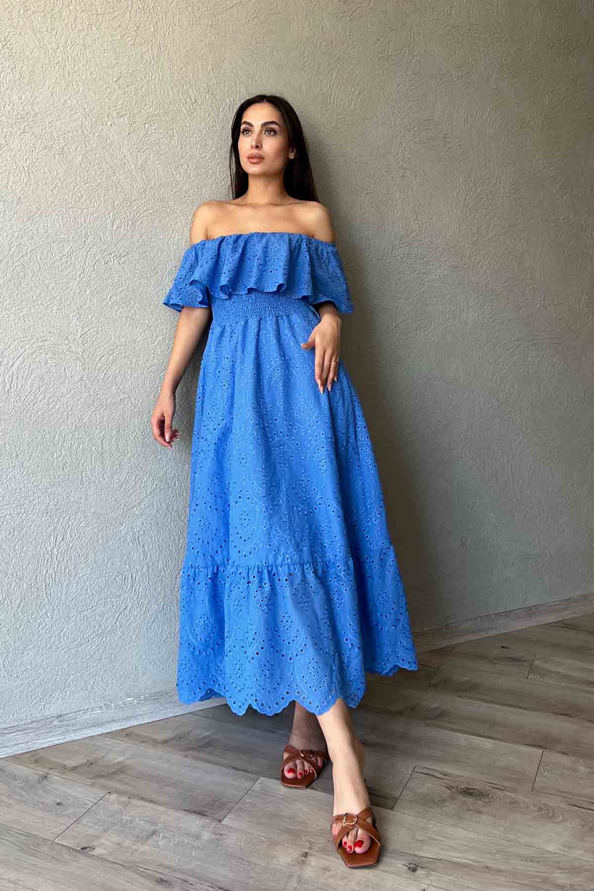 Mavi Madonna Yaka Kemer Detaylı Fisto Elbise SY-1964-Mavi