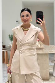 Kruvaze Yelek-Pileli Pantolon Bej  Takım SY-3689-Bej