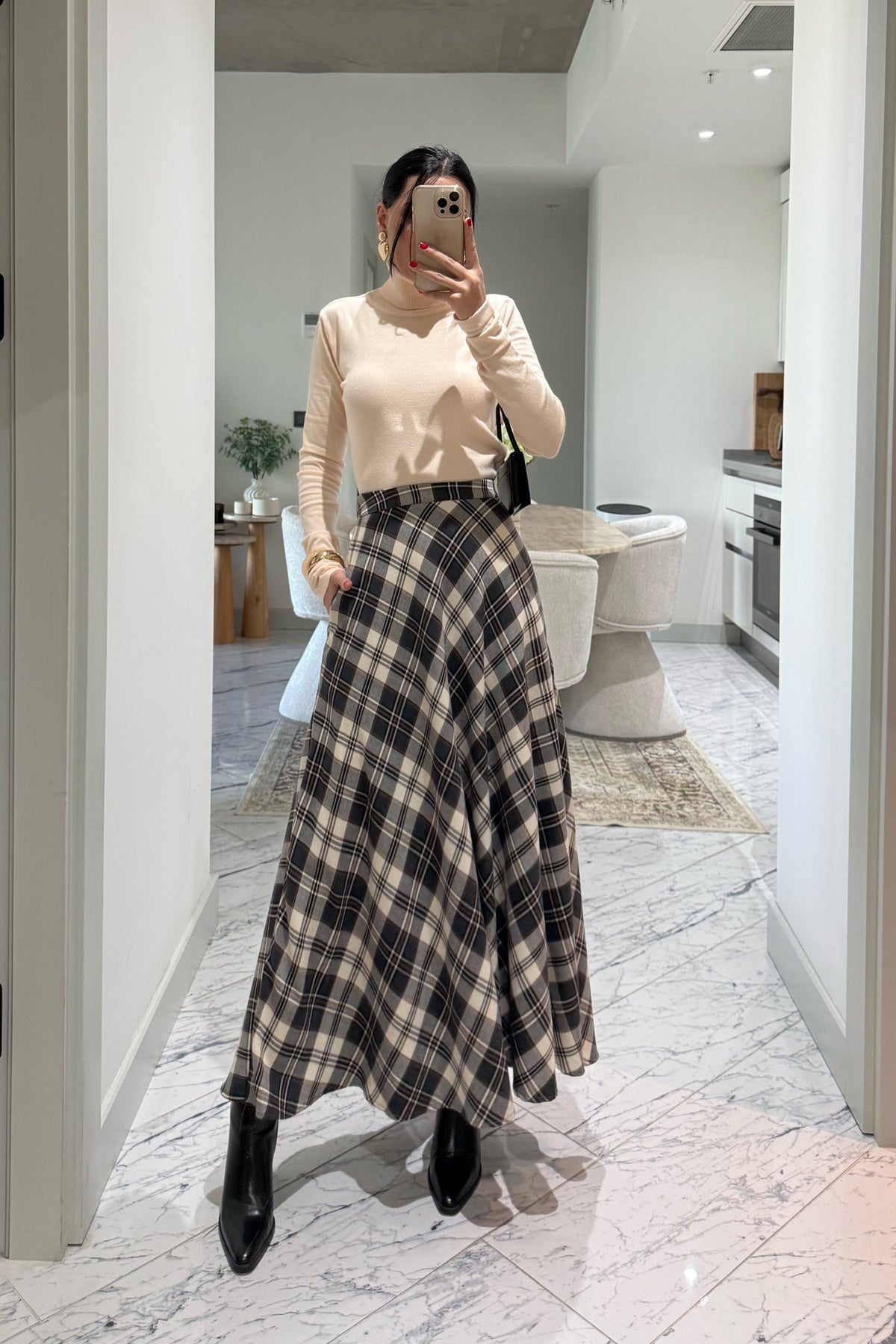 Ekru Ekose Desenli Verev Etek SY-3508-Ekru