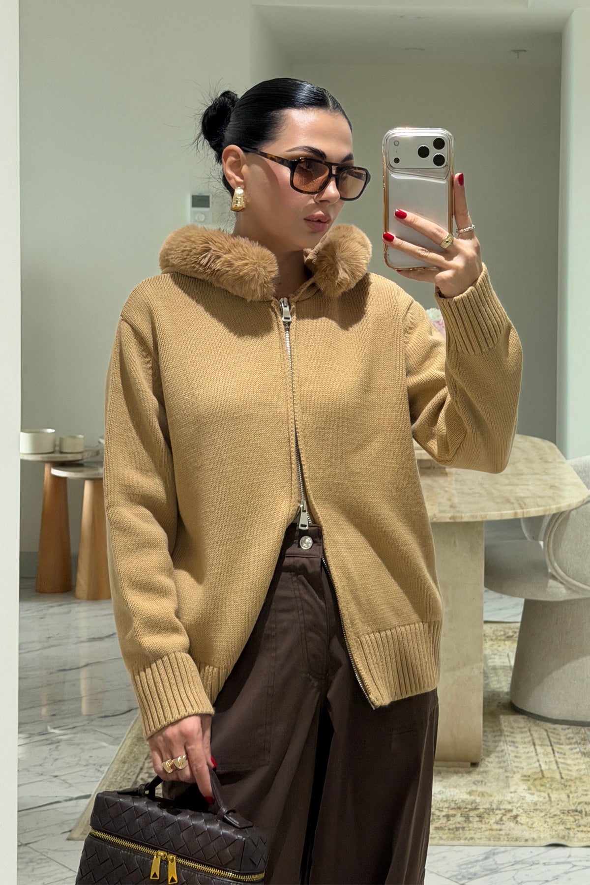 Peluş Detaylı Camel Kapüşonlu Hırka SY-3908-Camel