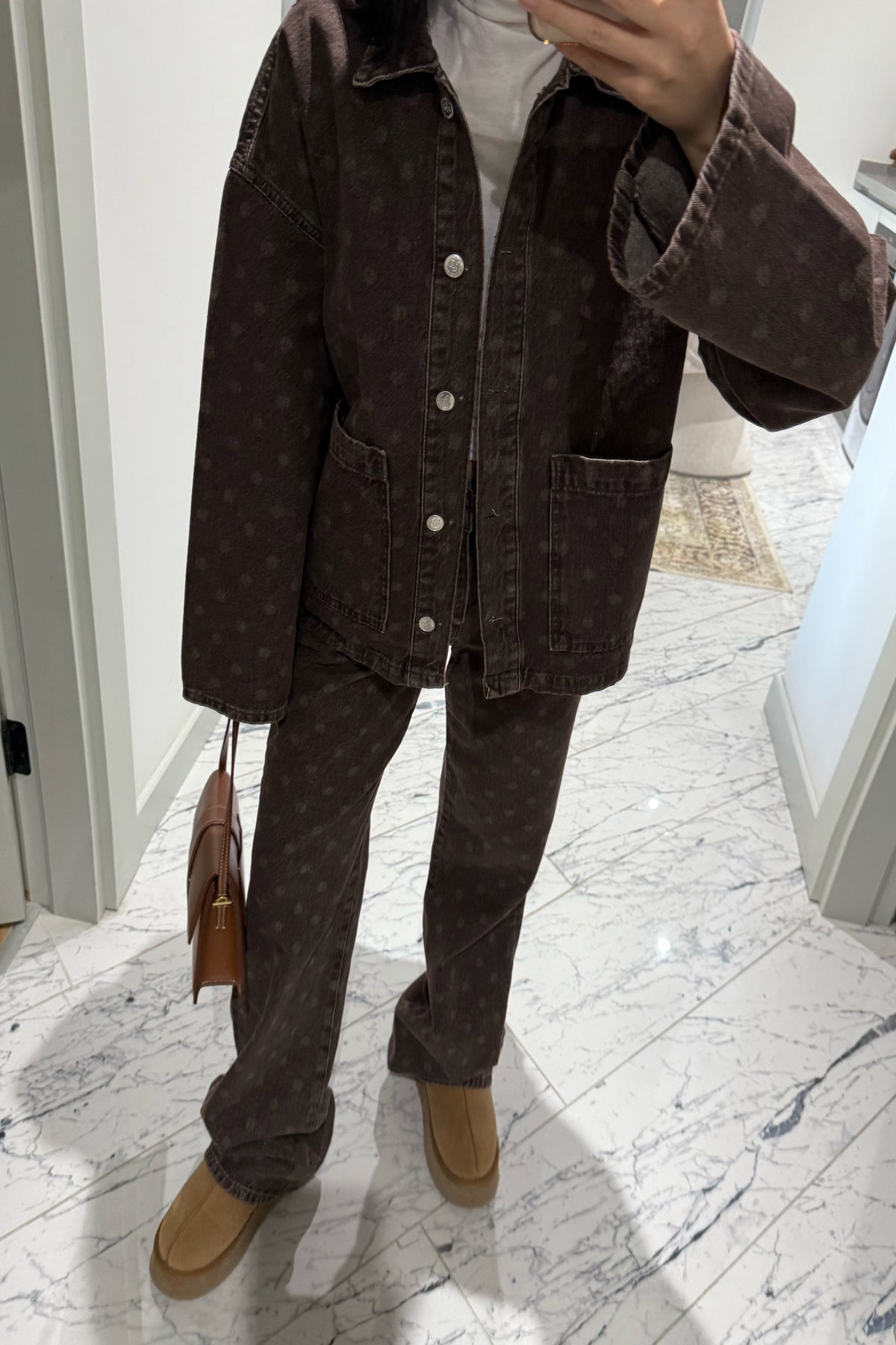 Kahve Puantiyeli Yüksek Bel Vintage Denim Pantolon SY-3500-Puantiyeli