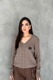 Vizon Logolu V Yaka Saç Örgü Triko Kazak SY-2706-Vizon