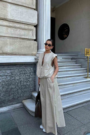 Bej Fermuarlı Sıfır Kol Yelek Etek Rome Takım 1907