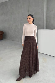 Kahve Büzgülü Flok Baskı Puantiyeli Etek SY-3358-Kahve