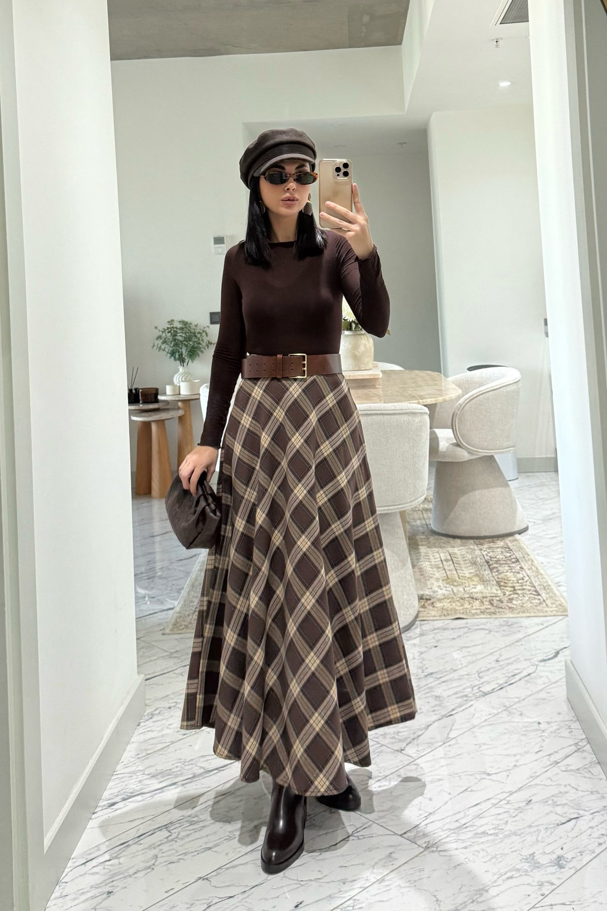 Kahve-Bej Ekose Desenki Kloş Etek SY-3527-Kahverengi