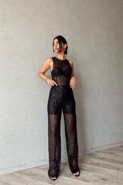Siyah Pullu Transparan Bluz ve Beli Lastikli Pantolon Takım SY-1141-Siyah