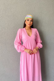 Pembe Gofre V Yaka Uzun Elbise SY-3031-Pembe