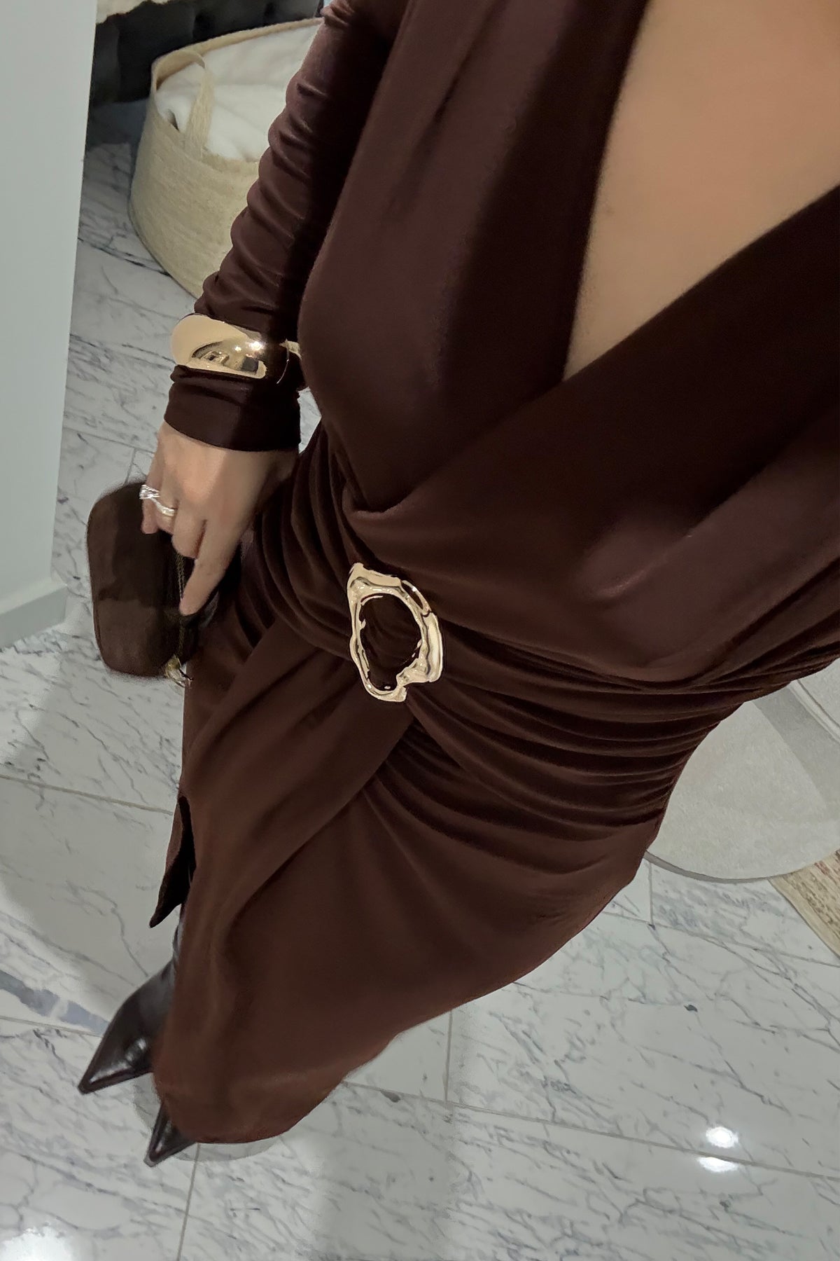 Kruvaze Yaka Uzun Kol Tokalı Kahve Elbise SY-3520-Kahve
