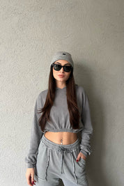 Gri Kapüşonlu Crop Sweatshirt SY-1683-Gri