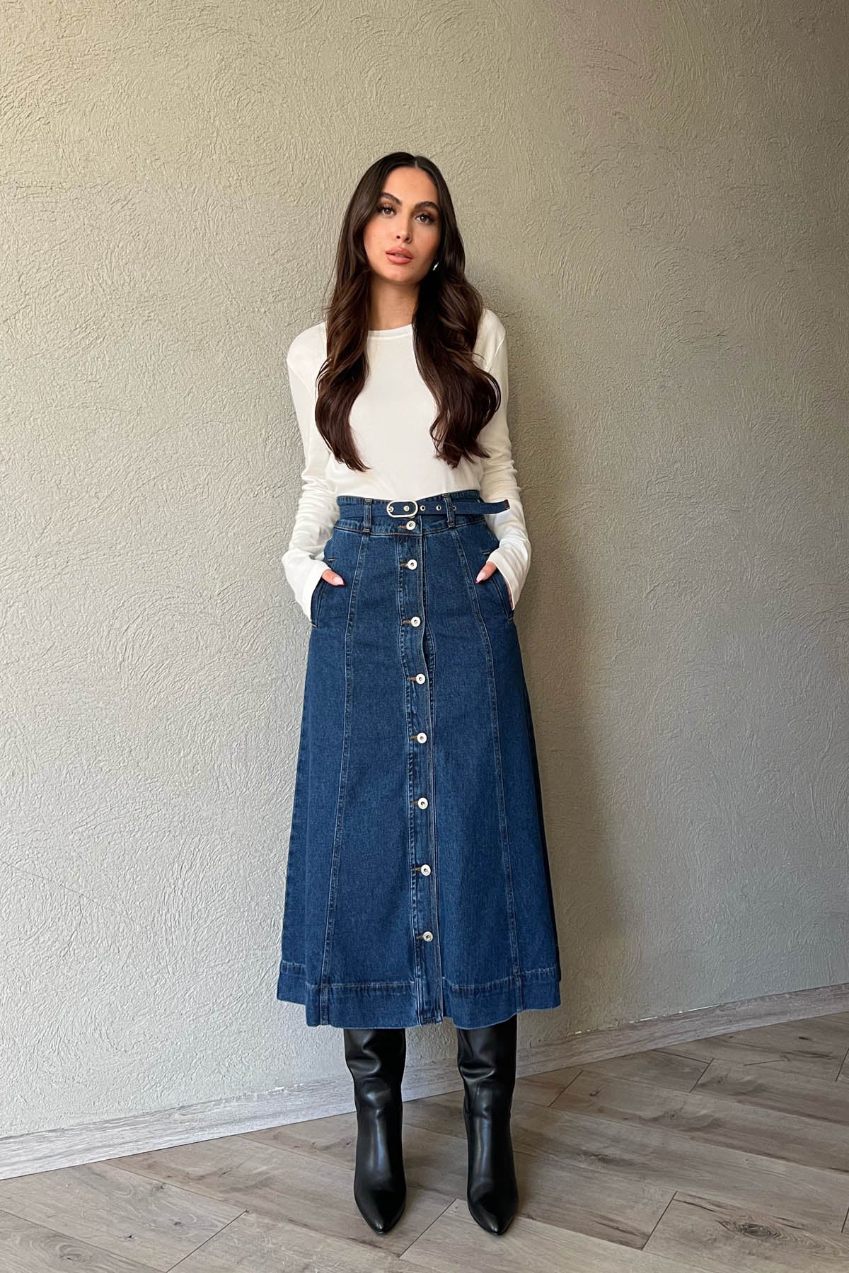Koyu Lacivert Önü Düğme Detay Kemerli Denim Etek SY-1573-Koyu Lacivert
