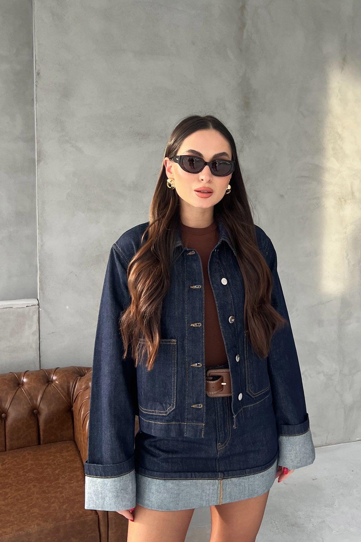 Lacivert Rahat Kesim Denim Ceket ve Etek Takım SY-2933-Lacivert