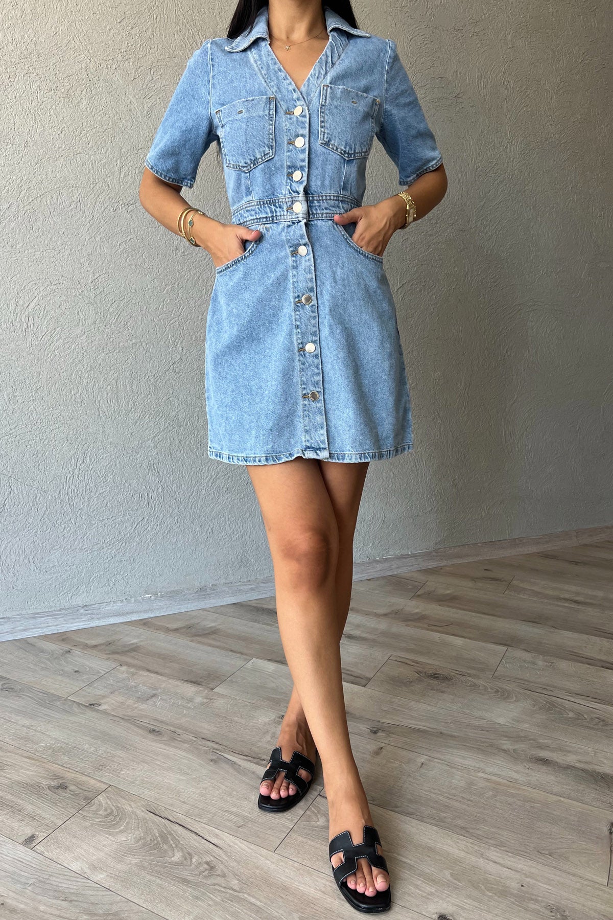 Açık Mavi Cep Detaylı Mini Kot Elbise SY-2364-Açık Mavi