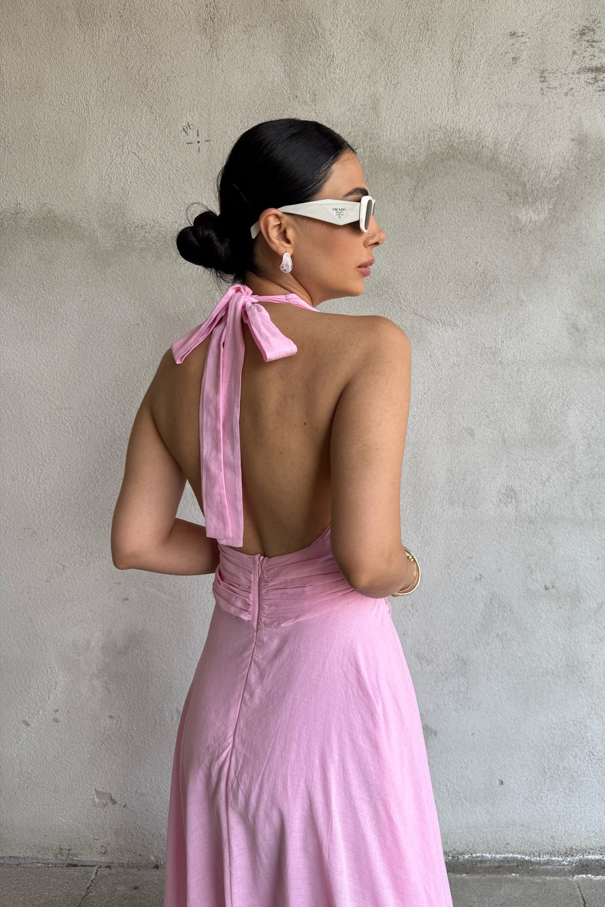 Pembe Puglia Tasarım Sırt Detaylı Keten Elbise SY-2263-Pembe