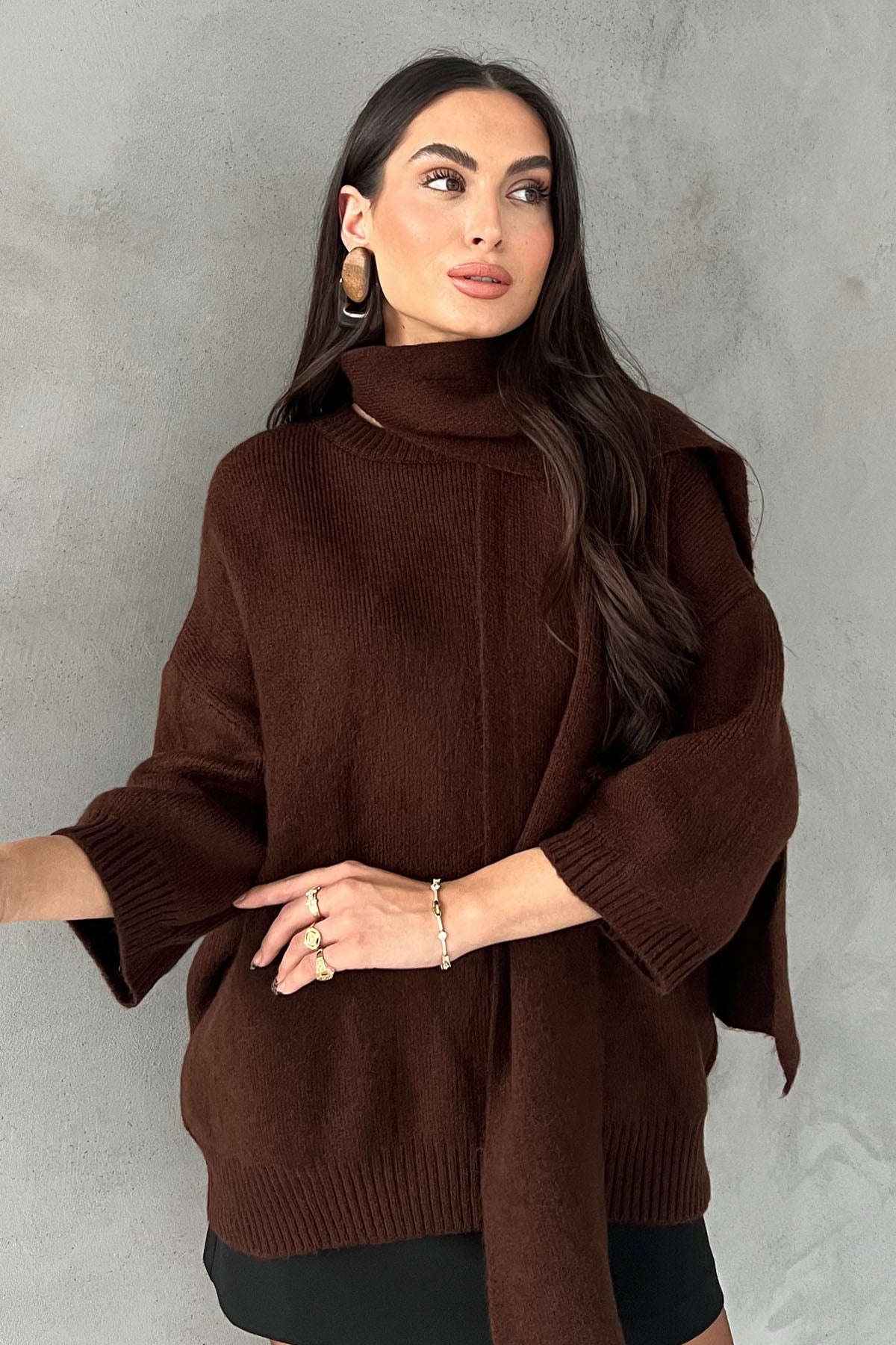 Kahverengi Kısa Kollu Şal Detay Oversize Kazak SY-2818-Kahverengi