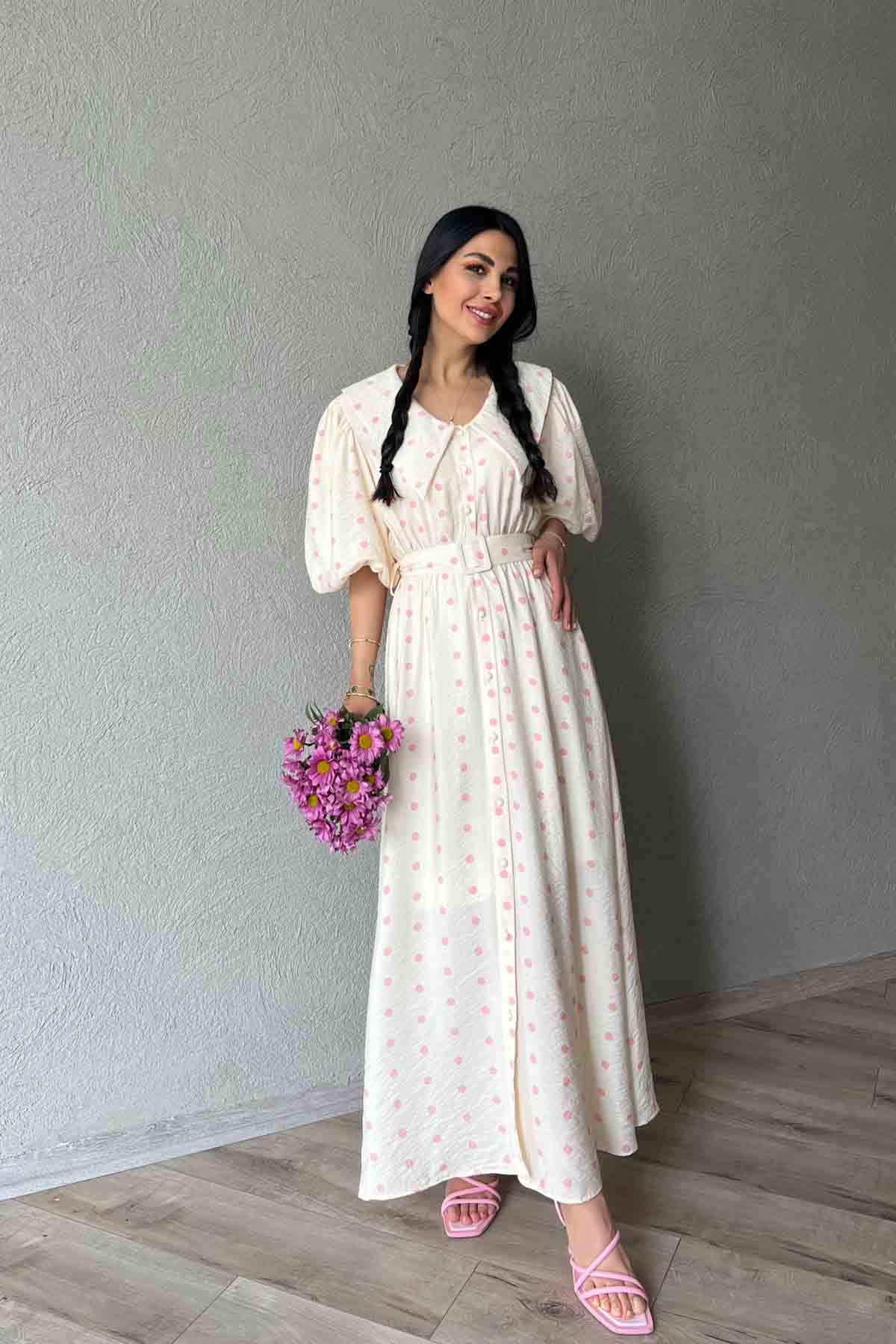 Pembe Puantiye Desenli Düğme Detaylı Balon Kol Elbise SY-1790-Pembe