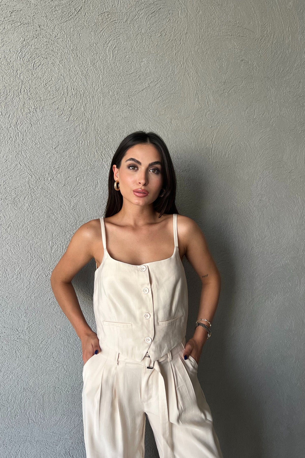 Taş Askı Detaylı Yelek Palazzo Pantolon Takım SY-2110-Taş