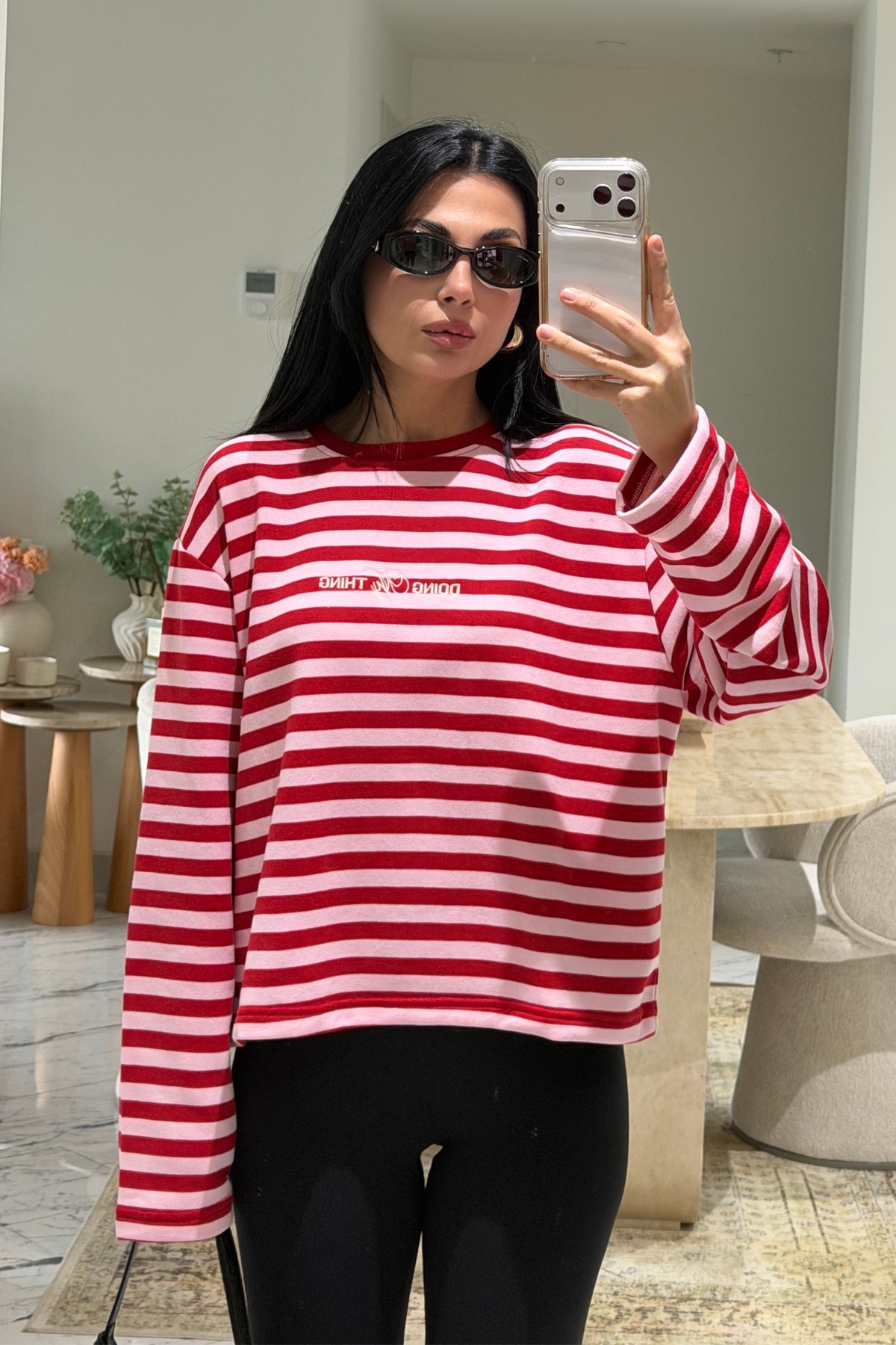 Kırmızı-Pembe Çizgili Basic Sweatshirt SY-3902-Kırmızı