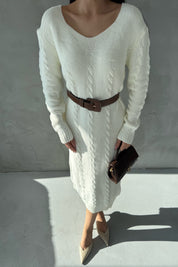 Ekru V Yaka Örgü Triko Elbise SY-2833-Ekru