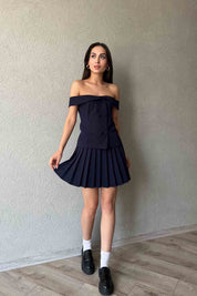 Lacivert Madonna Yaka Yelek  Etek Takım SY-1975- Lacivert