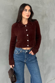 Kahve Çiçek Düğmeli Yumoş Hırka SY-2817-Kahve