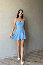 Mavi Kare Yaka Eteği Volanlı Mini Elbise SY-1928-Mavi