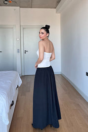 Siyah Poplin Üstü Beyaz Straplez Uzun Elbise SY-3019-Beyaz