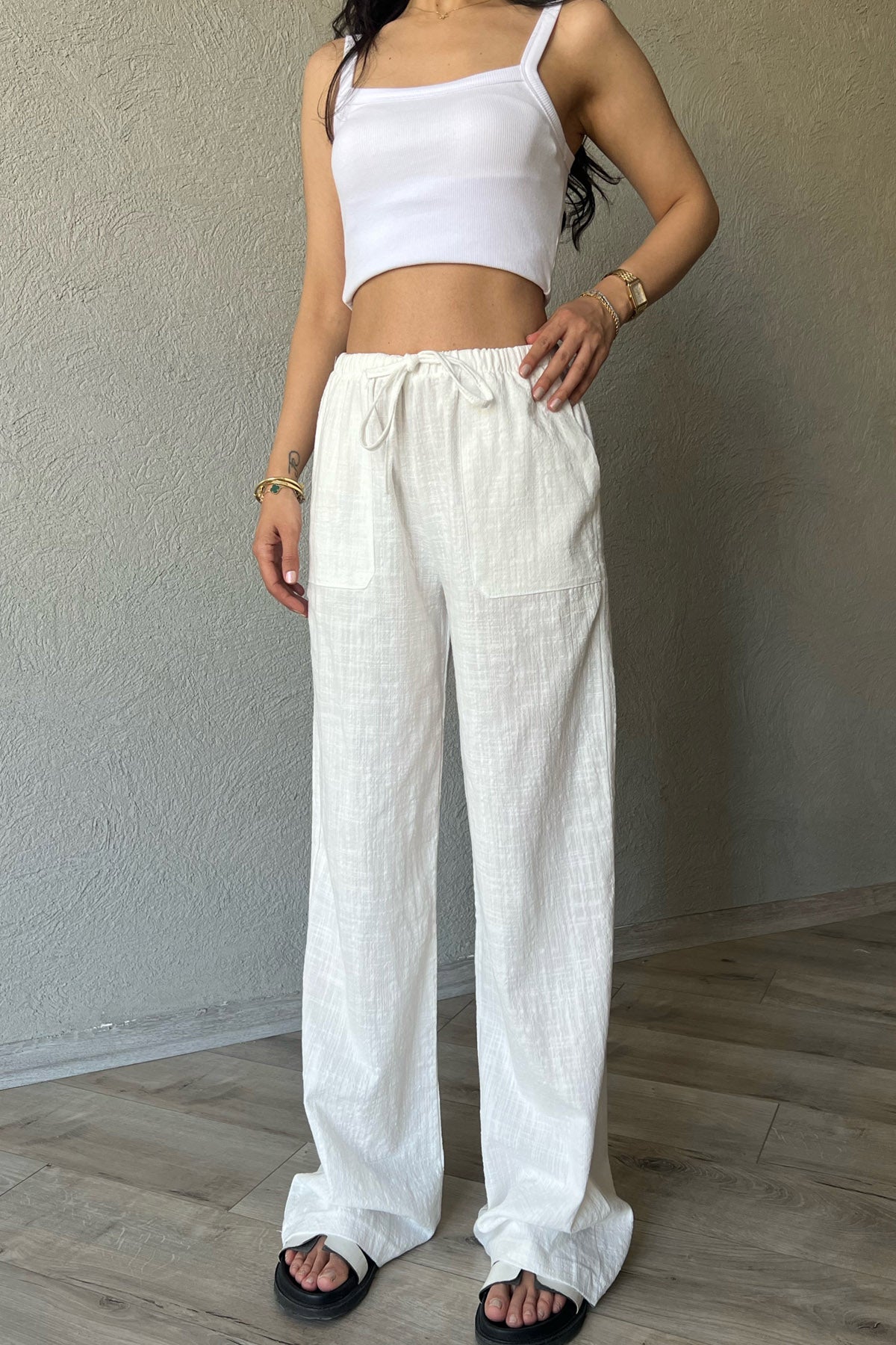 Yama Cepli  Beli Bağcıklı Bol Paça Keten Pantolon SY-2041-Ekru