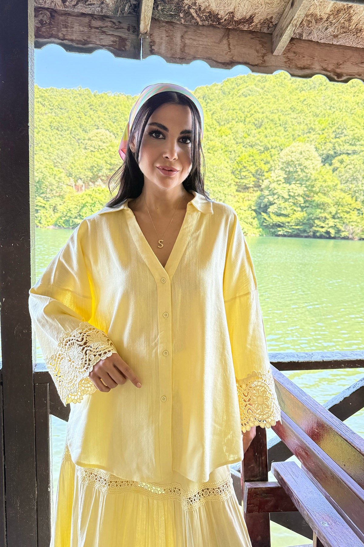 Sarı Keten Güpür Detaylı Etek Ve Gömlek Takım SY-3231-Sarı
