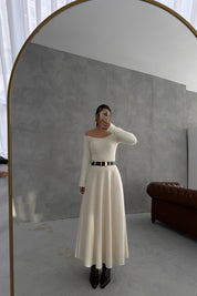 Krem Kemerli Verev Midi Etek SY-3468-Krem