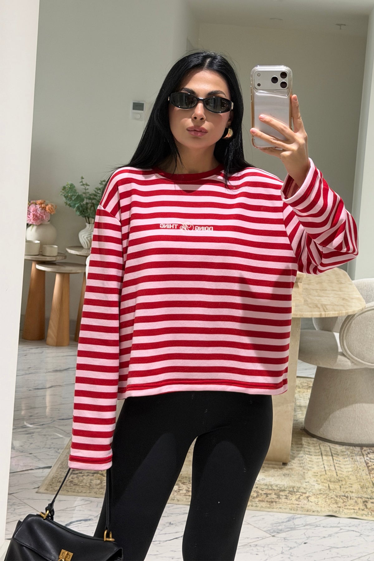 Kırmızı-Pembe Çizgili Basic Sweatshirt SY-3902-Kırmızı