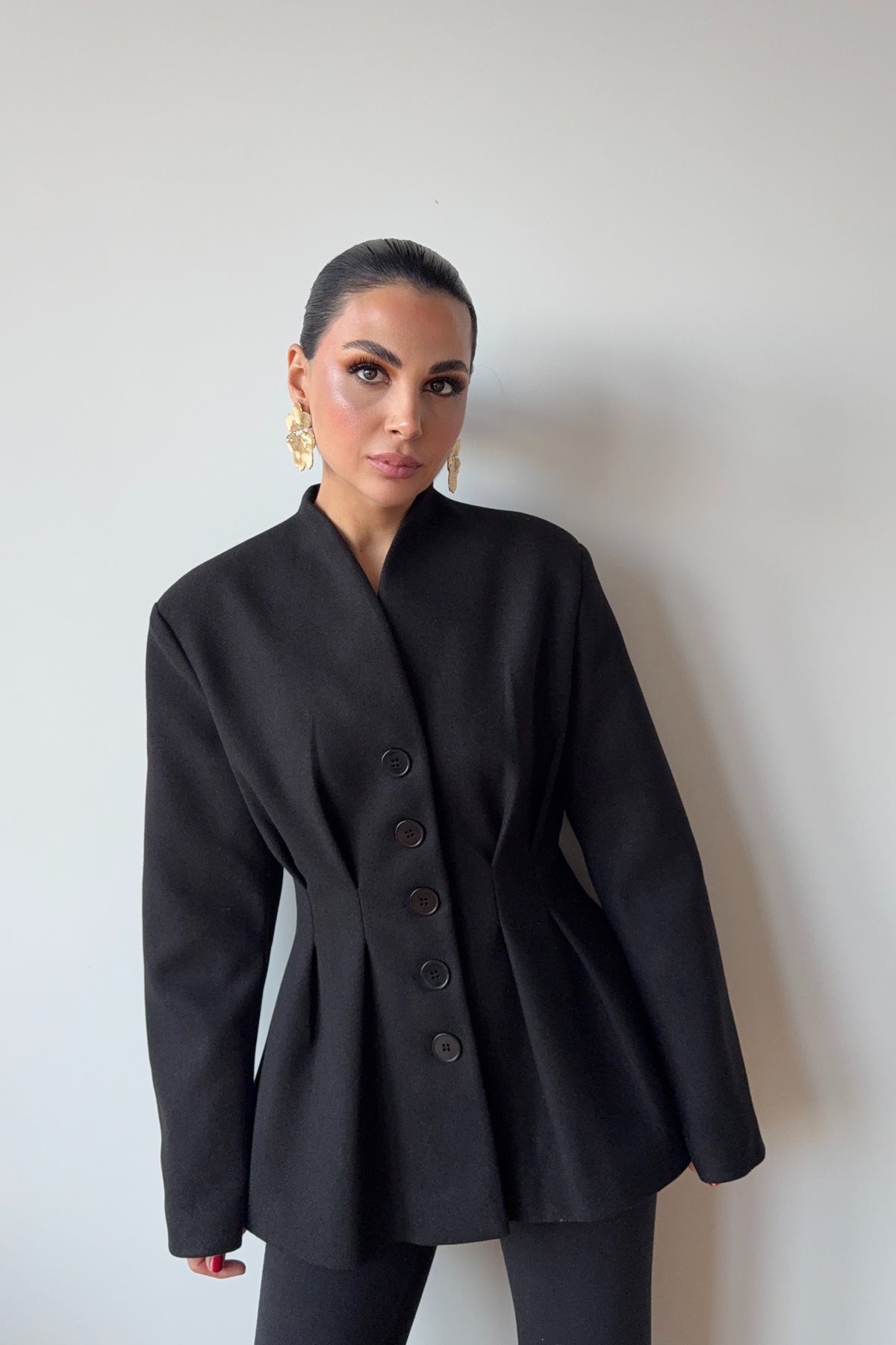 Siyah Belden Oturmalı Kaşe Özel Üretim Ceket SY-3416-Siyah