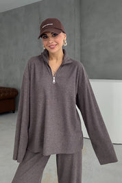 Kahve Fitilli Fermuar Detaylı Alt Üst Takım SY-3451-Kahve