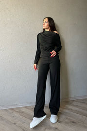 Siyah Asimetrik Fitilli Bluz ve Pantolon Triko Takım SY-1299-Siyah