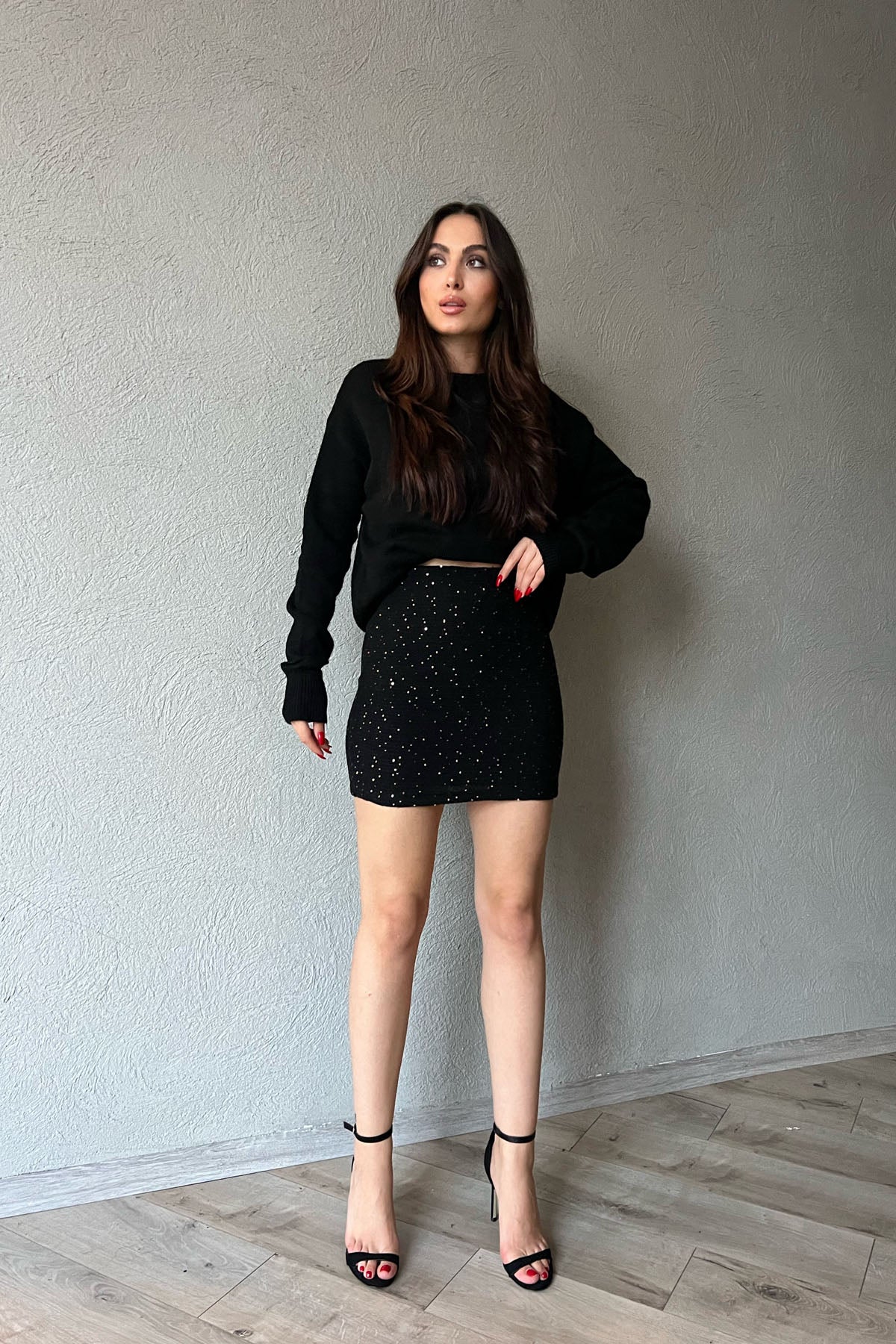 Siyah Pullu Beli Lastikli Astarlı Mini Triko Etek SY-1325-Siyah