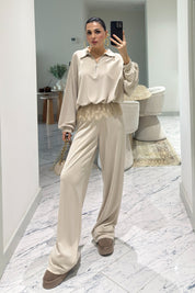 Bej Dantel Detaylı Eşofman10Takım SY-3627-Bej